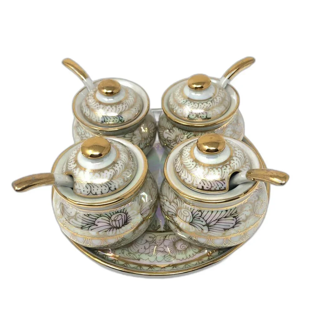 Porcelain Lusterware Serving Set VTG 4 Jam Jars w/Lids Spoons & Tray Thailand